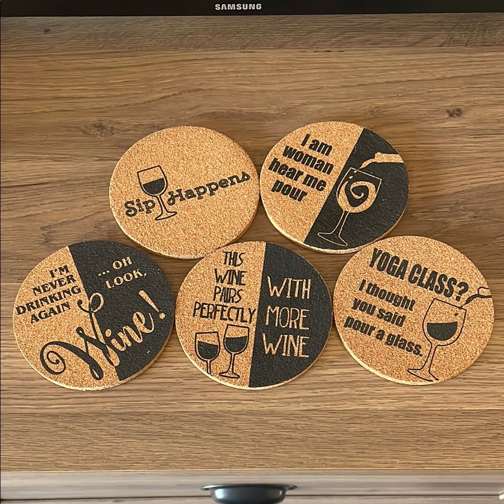 Cork Wine Coasters Set with Fun Quotes